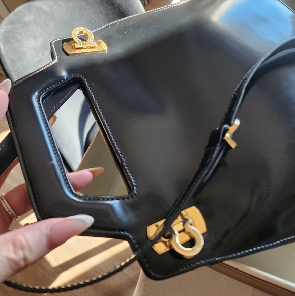 Salvatore Ferragamo Black Leather and Gold Lock Accents Handbag - Picture 3 of 15